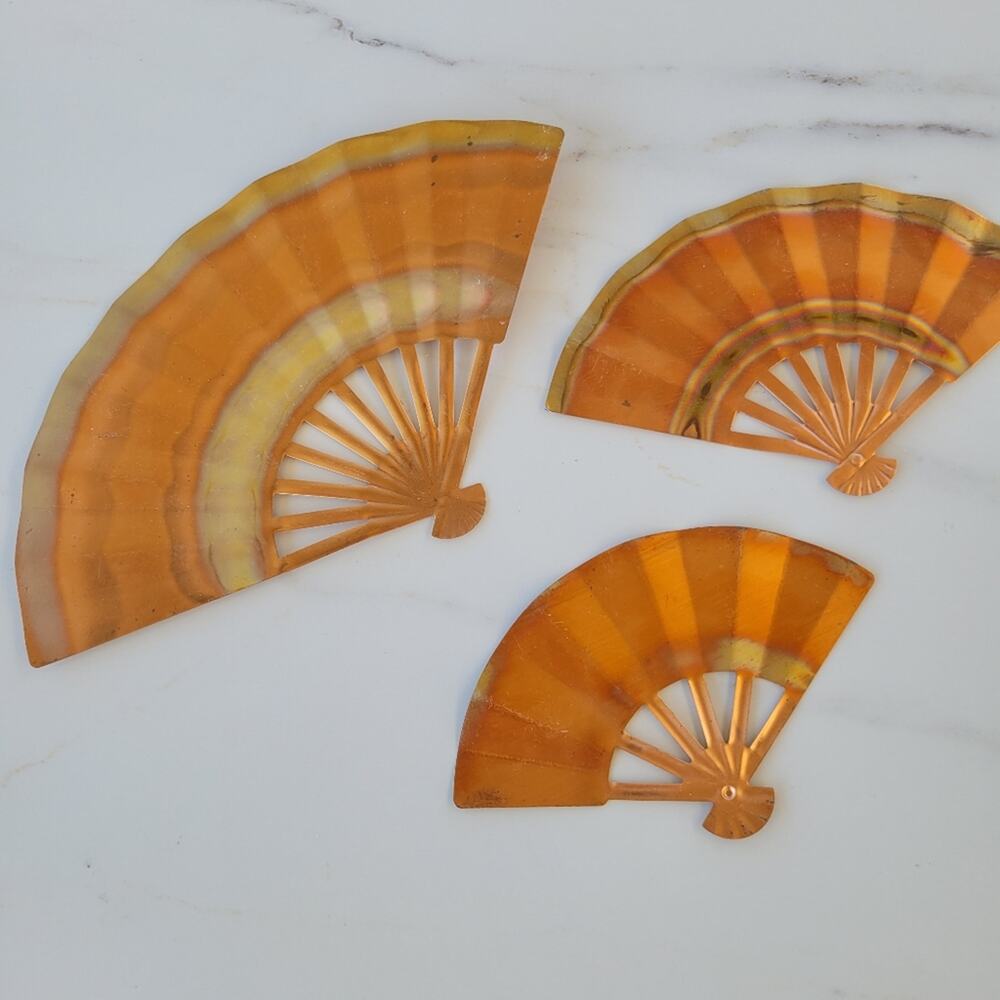 Vtg Homco Ming Fans Wall Plaques Copper Tri-Color Mid Centry Modern‎ Decor 3 Set